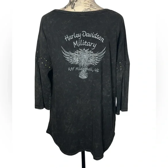 Harley-Davidson Women’s 2X | 3/4 Sleeve | RAF Mildenhall Military | Studded Top - Picture 3 of 14